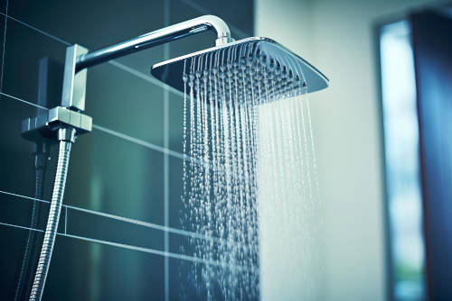 rainfall-shower-head-with-running-water-in-modern-bathroom Rain-style shower head with water flowing in a sleek tiled bathroom