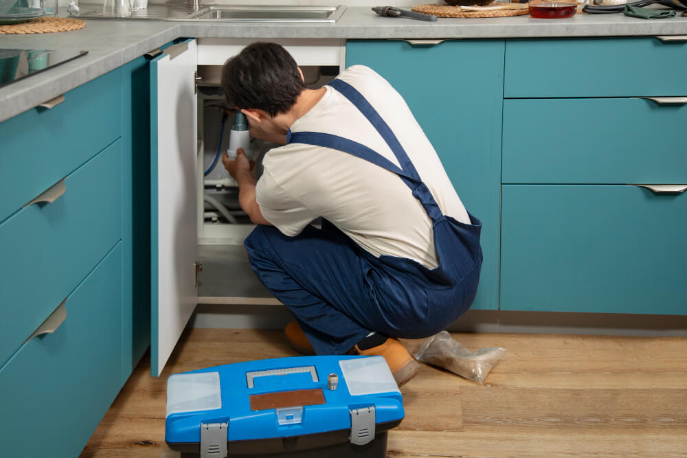 A plumber working under a kitchen sink with a toolbox.