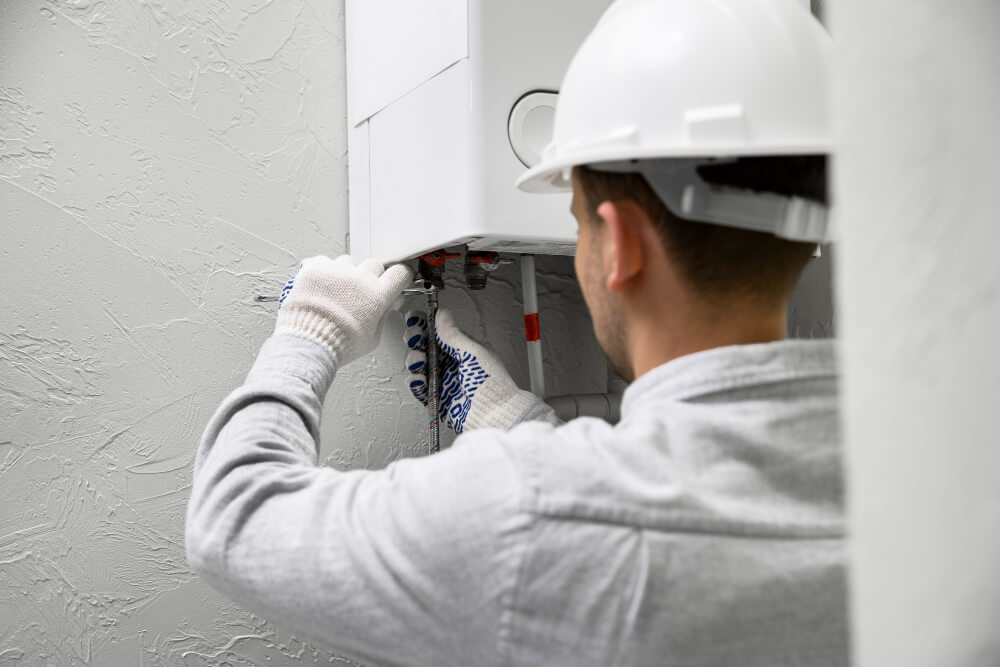 A plumbing technician in a hard hat working on a heater installation.