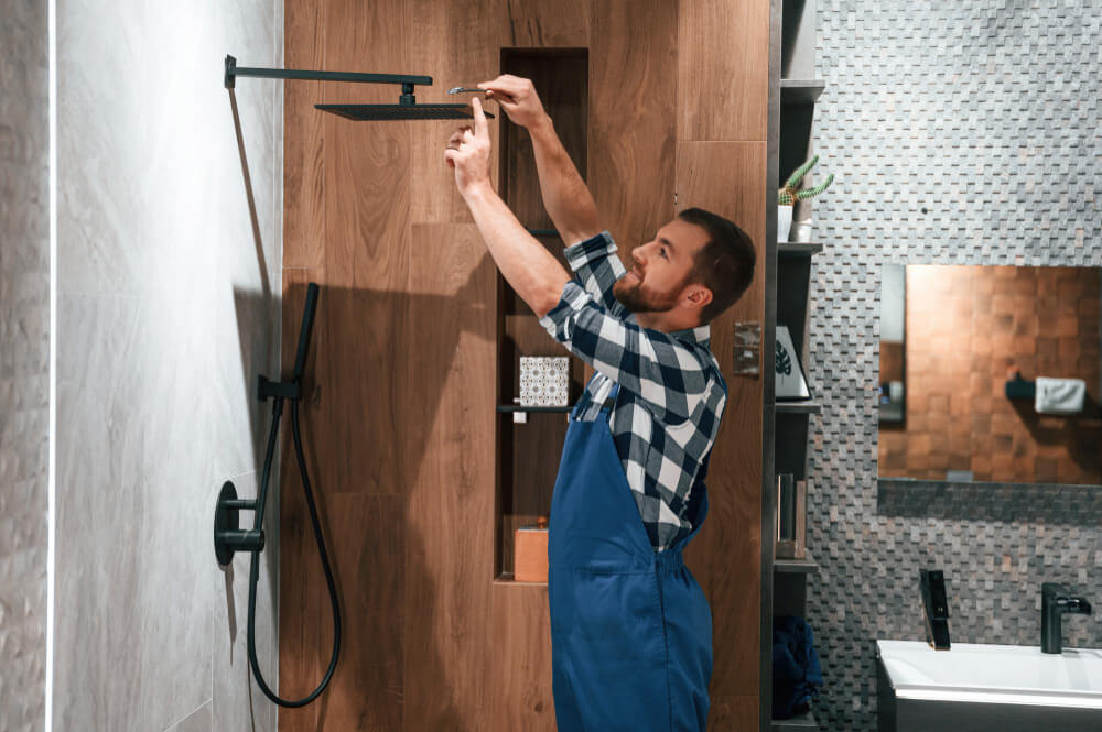 shower-installation-expert A professional installing a modern showerhead in a stylish bathroom.